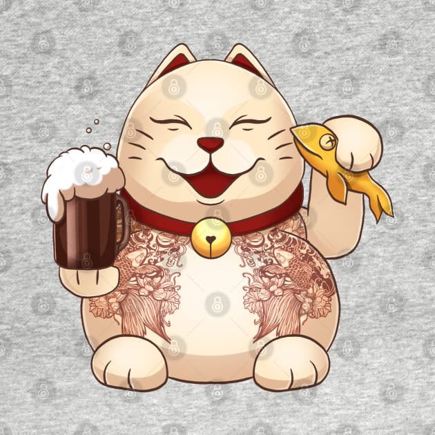 Japanese cat maneki neko with beer by Pulseender